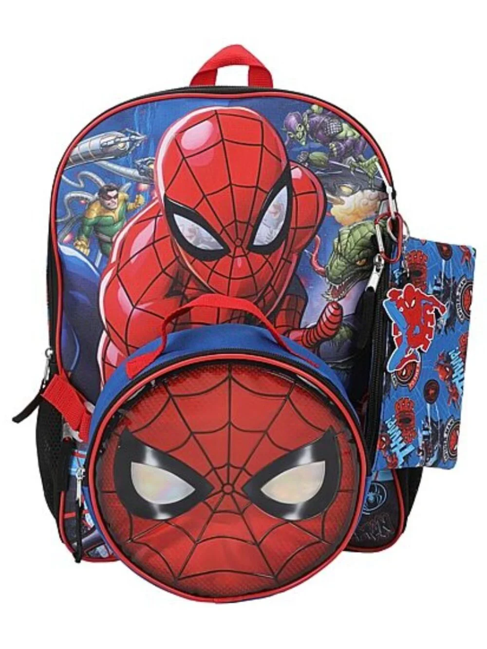 Marvel Spider-Man 5 Piece Backpack Set Lunch Bag Pouch Carabiner Keychain Kids